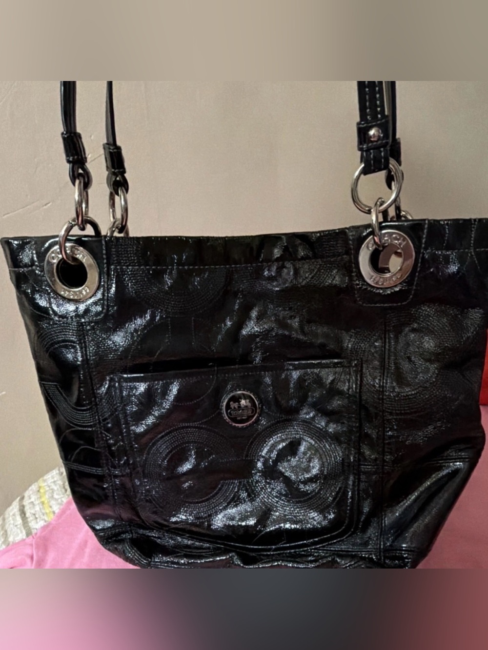 Coach Black Patent Leather Shoulder Bag with Silver Hardware